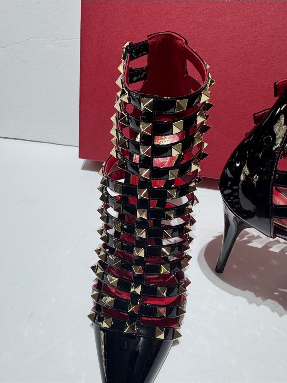 Valentino Garavani Black and Red Rockstud Cage Pointed Toe Stiletto Heels - Picture 5 of 14